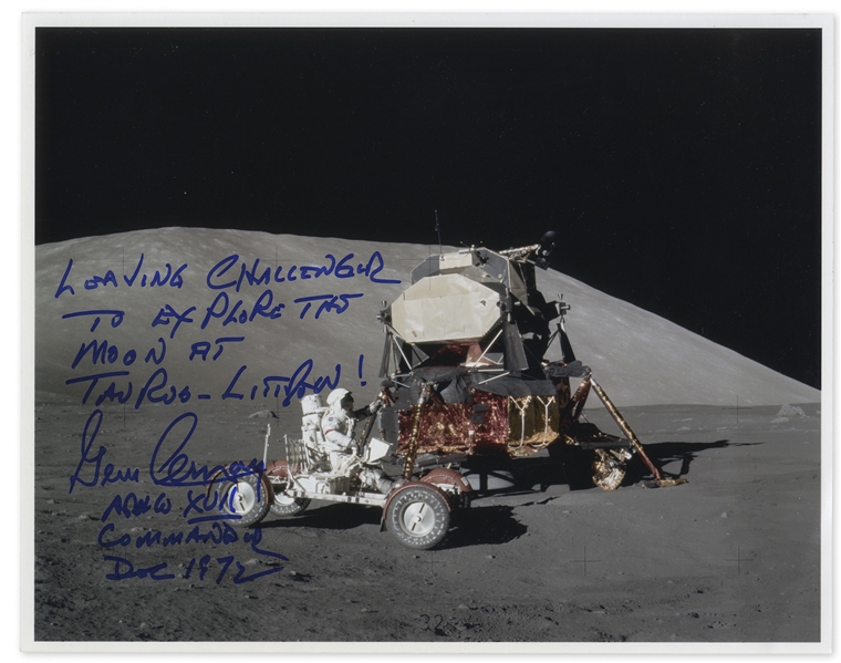 Gene Cernan Signed 10'' x 8'' Photo Exploring the Lunar Surface During Apollo 17 -- ''...Leaving Challenger to Explore the Moon...''